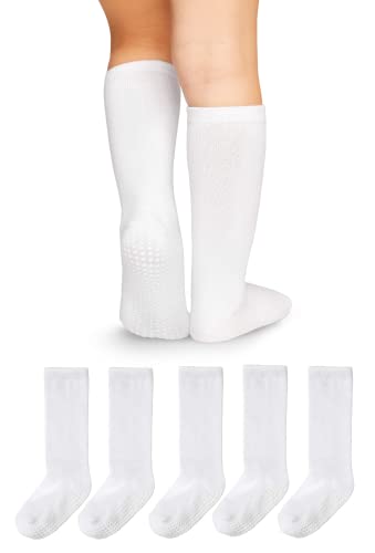 LA ACTIVE Toddler Knee High Socks - 5 Pairs of Soft, Non-Slip Long Socks for Boys and Girls - White - 12-36 Months