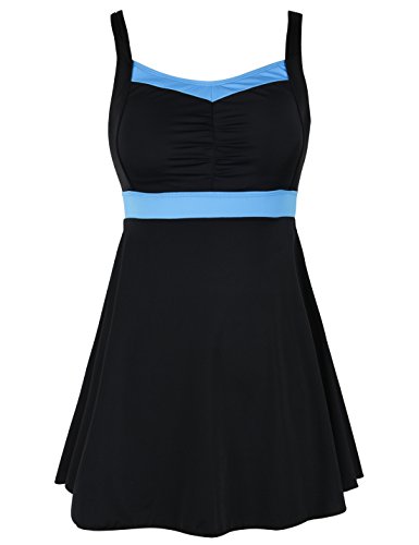Septangle Women's One Piece Swimsuit Modest Color Contrast Swimdress Bathing Suit, US 16, Black and Blue
