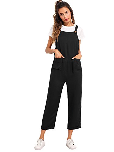 Verdusa Women's Sleeveless Straps Pockets Plaid Culotte Jumpsuit Overalls Black L