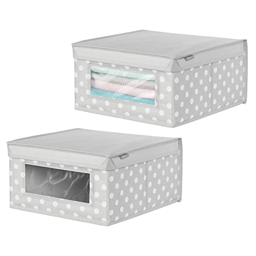 mDesign Soft Stackable Fabric Closet Storage Organizer Holder Box - Clear Window and Attached Lid, for Child/Kids Room, Nursery, Playroom - Polka Dot Print - 2 Pack - Light Gray with White Dots