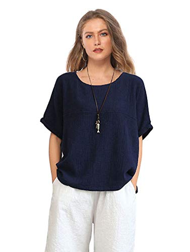 Soojun Women's Cotton Linen Round Collar Boxy Top Patchwork Blouses Navy, Large