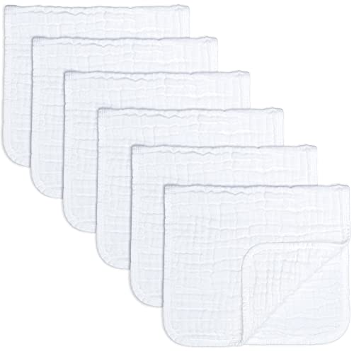 Comfy Cubs Muslin Burp Cloths Large 100% Cotton Hand Washcloths for Babies, Baby Essentials 6 Layers Extra Absorbent and Soft Boys & Girls Baby Rags for Newborn Registry (White, 6-Pack, 20