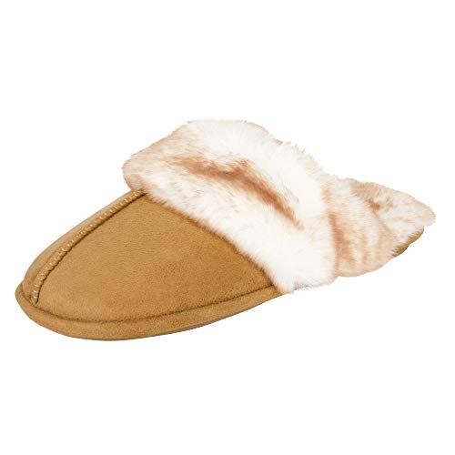 Jessica Simpson Women's Comfy Faux Fur House Slipper Scuff Memory Foam Slip on Anti-Skid Sole, Tan, Medium