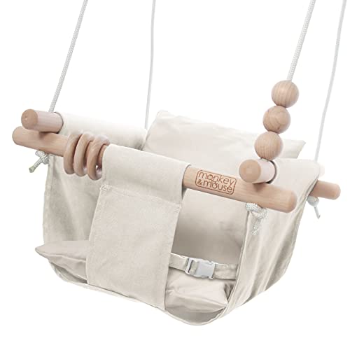 Monkey & Mouse Baby Swing Seat, Secure Canvas and Wooden Hanging Swing Chair for Baby, Infant, Toddler, Kids Toys - Indoor and Temporary Outdoor Hammock for Indoor Playground, Tree Swings or Backyard