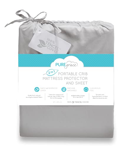 PUREgrace Playard Mattress Sheet and Protector in one -Made with Skin Friendly Tencel, Waterproof Cover Protects and Fits Pack N Play, Mini Portable Crib Mattresses, or Co-Sleepers