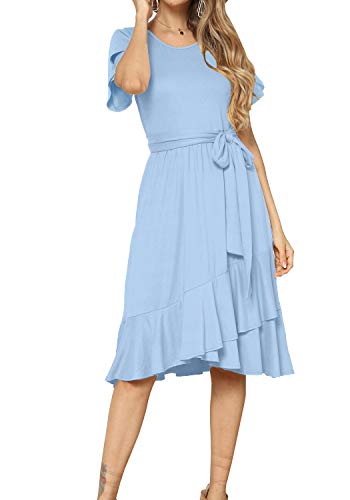 levaca Women Casual Short Sleeve Loose Flowy Tunic Midi Dress Sky Blue M