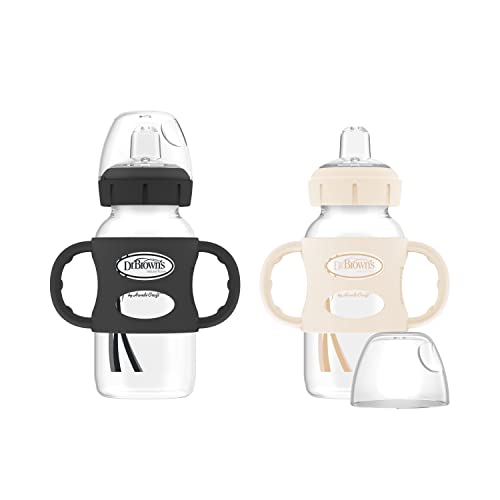 Dr. Brown's Milestones Wide-Neck Sippy Bottle with 100% Silicone Handles, Easy-Grip Bottle with Soft Sippy Spout, 9oz/270mL, BPA Free, Black & Ecru, 2 Pack, 6m+