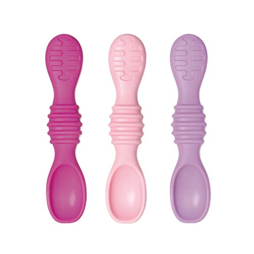 Bumkins Baby Utensil Set, Silicone Trainer Spoons for Dipping, Soft Tip, Self-Feeding, Chew, Baby Led Weaning, First Year Training Supplies, Essentials Learning Eating, 4 Mos, 3-pk Pink and Lavender