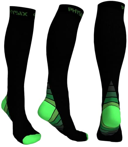 Physix Gear Compression Socks 20-30 mmHg - Men & Women - Running, Nurses, Shin Splints, Flight, Travel (BLACK/GREEN-L/XL)