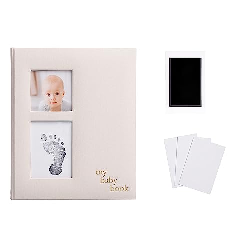 Pearhead Linen Baby Memory Book and Clean-Touch Ink Pad, Gender-Neutral Baby Accessory, Baby Milestones Photo Album, 50 Fill In Pages, New and Expecting Parents, Linen Ivory