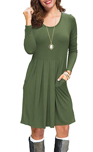 KORSIS Women's Long Sleeve Pleated Loose Swing Casual Dress with Pockets ArmyGreen XS