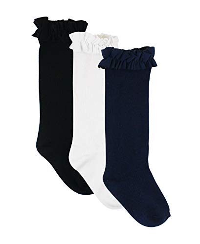 RuffleButts 3-Pack White, Navy, Black Knee High Socks - 6-12m