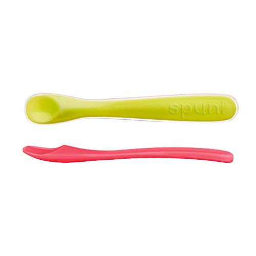 Spuni - First Baby Spoon for 4 Months Onwards, Neon Green and Playful Pink, 2 Pack
