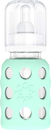 Lifefactory 4-Ounce BPA-Free Glass Baby Bottle with Protective Silicone Sleeve and Stage 1 Nipple, Mint