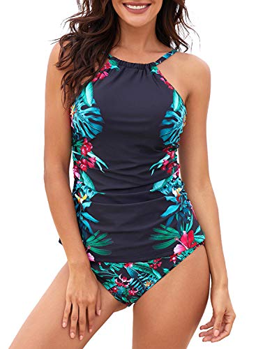 Dearlove Floral Print High Neck Tankini Tops Ruched Tummy Control Swimsuit with Short Strappy Swimwear A-Black S