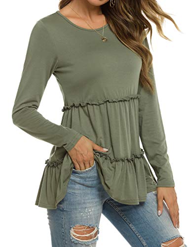 Long Sleeve Shirts for Women Loose Cute Babydoll Tunic Casual Fall T Shirts Army Green S