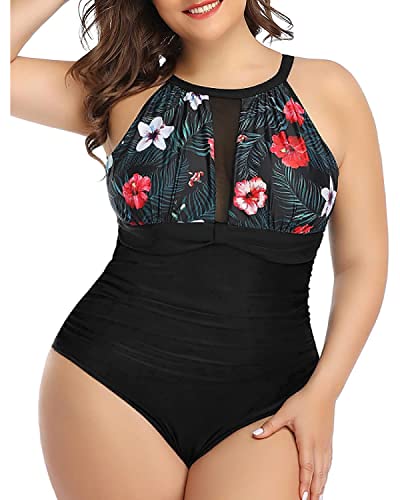Aqua Eve Plus Size Swimsuit Women One Piece Swimsuit Tummy Control High Neck Bathing Suit Ruched Swimwear Black Floral 14W