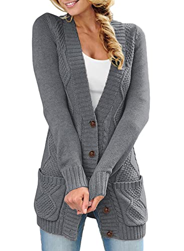 Sidefeel Women Open Front Cardigan Sweater Button Down Knit Sweater Coat Large Dark Gray