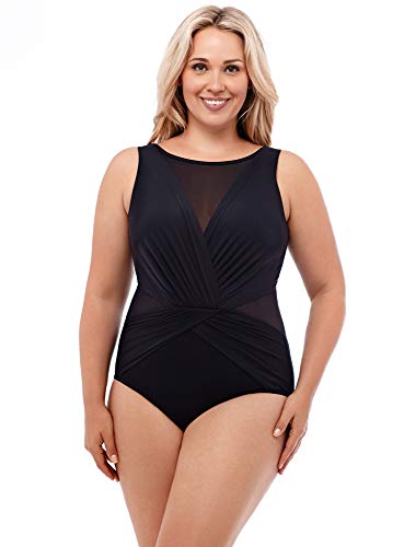 Miraclesuit Women's Swimwear Plus Size Solid Palma Tummy Control Soft Cup Bra One Piece Swimsuit, Black, 24W