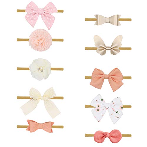 Fancy Clouds Baby Girl Headbands Fabric Linen Bows Flowers,10 Pack Hair Accessories for Newborn Infant Toddler Gift