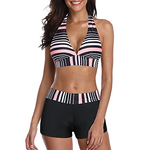 Zando Women's Two Piece Halter Swimsuit Athletic Push Up Bikini Set Swimwear with Boyshorts Sporty V Neck Bathing Suit Pink Black Stripe S (US Size 2-4)