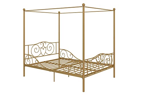 DHP Metal Canopy Kids Platform Bed with Four Poster Design, Scrollwork Headboard and Footboard, Underbed Storage Space, No Box Sring Needed, Full, Gold
