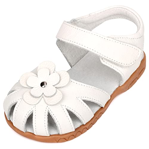 Femizee Girls Genuine Leather Soft Closed Toe Princess Flat Shoes Summer Sandals(Toddler/Little Kid) White,1504 CN30