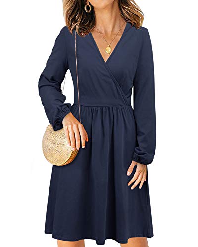 STYLEWORD Women's V Neck Long Puff Sleeve Casual Swing Solid Midi Dress with Pocket(488Navy, S)
