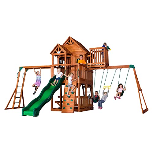 Backyard Discovery, Skyfort II Playground Cedar Wood Swing Set with Playhouse Fort, Sandbox, Picnic Table, Slide, Monkey Bars, Swings, Rock Climber, Outdoor Playset for kids Age 3-10 years