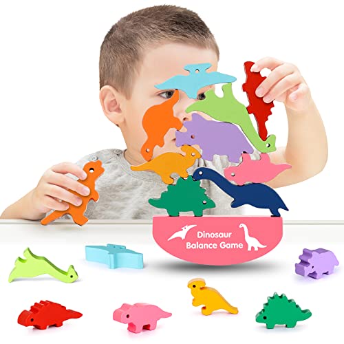 FRONOR Toys for 3-7 Year Old Boys Girls, Dinosaur Building Wooden Blocks STEM Montessori Educational Stacking Toys Birthday Toys Gifts for 3 4 5 6 7 Year Old Girls Gifts (Pink)