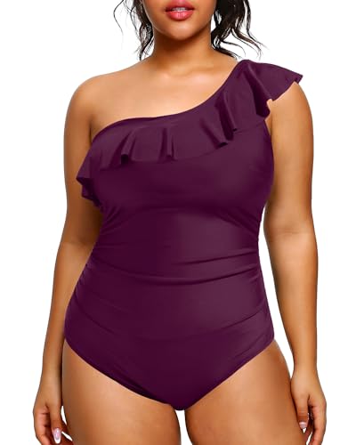 Aqua Eve Plus Size Bathing Suits for Women One Piece Swimsuits One Shoulder Ruffle Tummy Control Swimwear Purple 16W