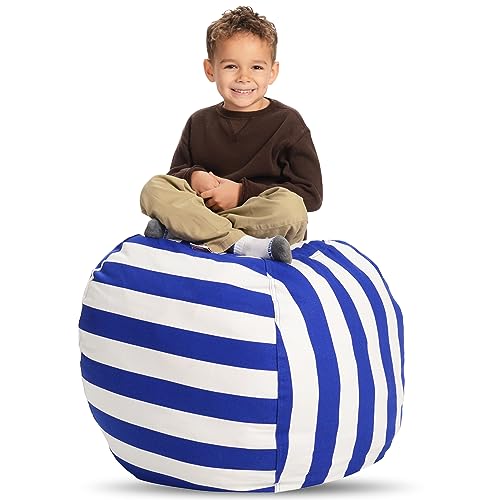 Creative QT Stuff ’n Sit Large 33’’ Bean Bag Storage Cover for Stuffed Animals & Toys – Blue & White Stripe – Toddler & Kids’ Rooms Organizer – Beanbag Makes Great Plush Toy Hammock Alternative