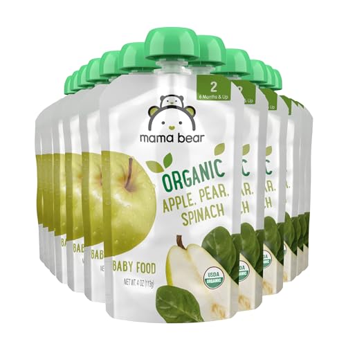 Amazon Brand - Mama Bear Organic Baby Food, Stage 2, Apple, Pear, Spinach, 4 Ounce Pouch (Pack of 12)