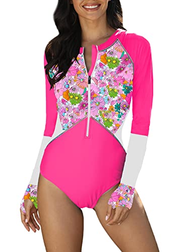 AZOKOE Women's One Piece Long Sleeve Rash Guard Flowers Printed Surfing Swimsuit Swimwear Bathing Suit Rose L