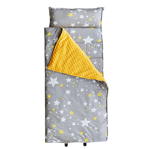 Hi Sprout Cotton and Minky Toddlers Nap Mat with Removable Pillow and Soft Blanket, Lightweight Daycare Preschool Kindergarten Sleeping Bag, Travel Slumber for Kids Girls Boys-Stars
