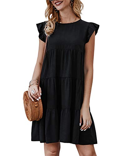 KIRUNDO Women’s Summer Mini Dress Sleeveless Ruffle Sleeve Round Neck Solid Color Loose Fit Short Flowy Pleated Dress (Medium, Black)