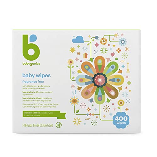 Babyganics Baby Wipes, Unscented Diaper Wipes , 400 Count, (5 Packs of 80), Non-Allergenic and formulated with Plant Derived Ingredients