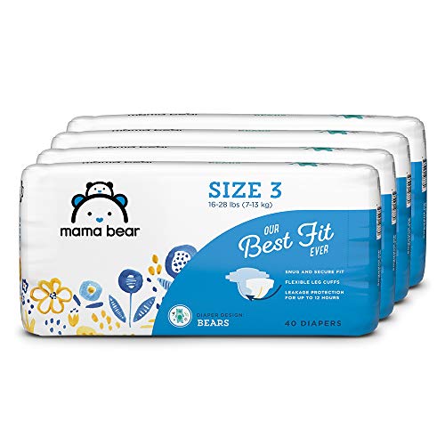 Amazon Brand - Mama Bear Best Fit Diapers Size 3, 160 Count, Bears Print (4 packs of 40) [Packaging May Vary]