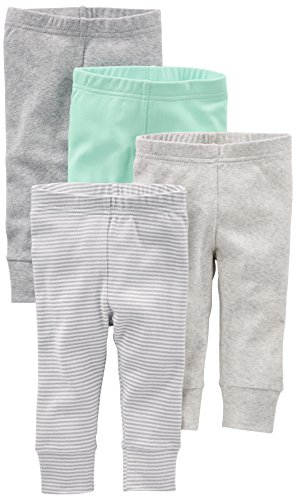 Simple Joys by Carter's Baby Boys' Cotton Pants, Pack of 4, Grey/Light Grey/Mint Green/Stripe, Preemie