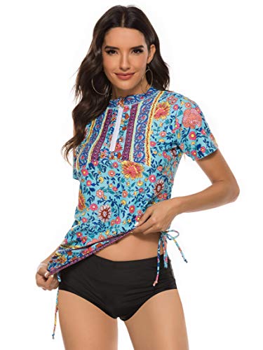 Caracilia Women's Short Sleeve Half-Zip Floral Print Sun Protection Rashguard Side Adjustable Swim Shirt Sets ZWY18-F106s2-XS