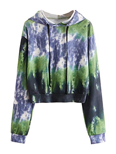 MAKEMECHIC Women's Long Sleeve Tie Dye Print Sweatshirt Crop Top Hoodies Green XS