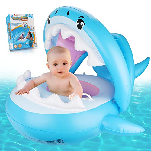 Baby Pool Float with Canopy UPF50+ Sun Protection Inflatable Baby Float Water Toys Summer Toys Baby Swim Float for Pool Aged 6-36 Months