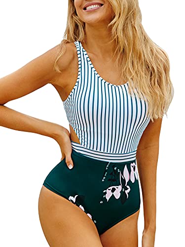 MOLYBELL Women's Lilies Striped Print One Piece Tank Top Swimsuit Cut Out Zip Up Monokini Swimwear (White, Small)