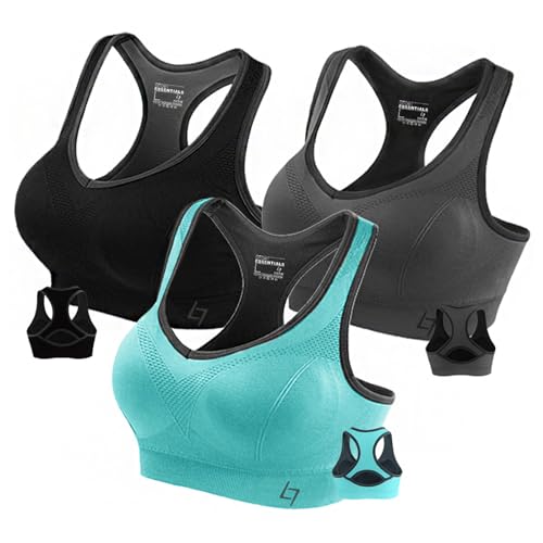 Fittin Womens Padded Sports Bras Wire Free with Removable Pads Grey ,XL,3 pack