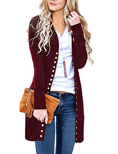 Halife Womens Snap Button Down Open Front Ribbed Neckline Long Knited Cardigan Outerwear Wine Red S
