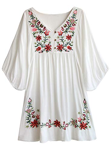 Women's Floral Embroidery Mexican Dresses Tunic Shirt Bohemian Flowy Shift Mini Blouse Top White