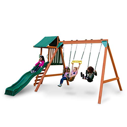 Swing-N-Slide PB 8375 Ranger Plus Wooden Swing Set with Swings, Climbing Wall, Canopy and Slide, Green