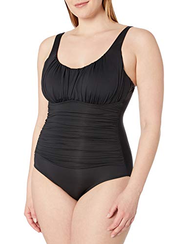 Caribbean Sand Plus Size Solid Black One Piece Swimsuit With Control Power Mesh Lining,Black,18