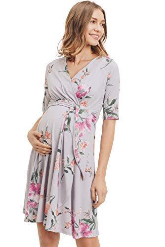 HELLO MIZ Women's Maternity Wrap Dress with Front Tie Belt (Grey Floral, S)