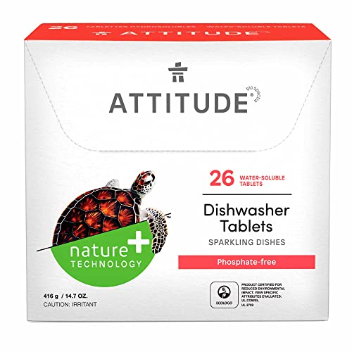 ATTITUDE Dishwasher Tablets, Water-Soluble, Anti-Limescale, Plant- and Mineral-Based Formula, Phosphate-free, Vegan and Cruelty-free, Unscented, 26 Count